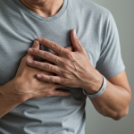 A man in a gray shirt clutches his chest with both hands, showing signs of discomfort or pain, which may indicate Structural Heart Disease.