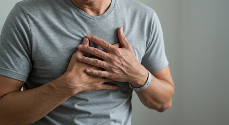 Structural Heart Disease: 7 Powerful Facts You Must Know 1 A man in a gray shirt clutches his chest with both hands, showing signs of discomfort or pain, which may indicate Structural Heart Disease.