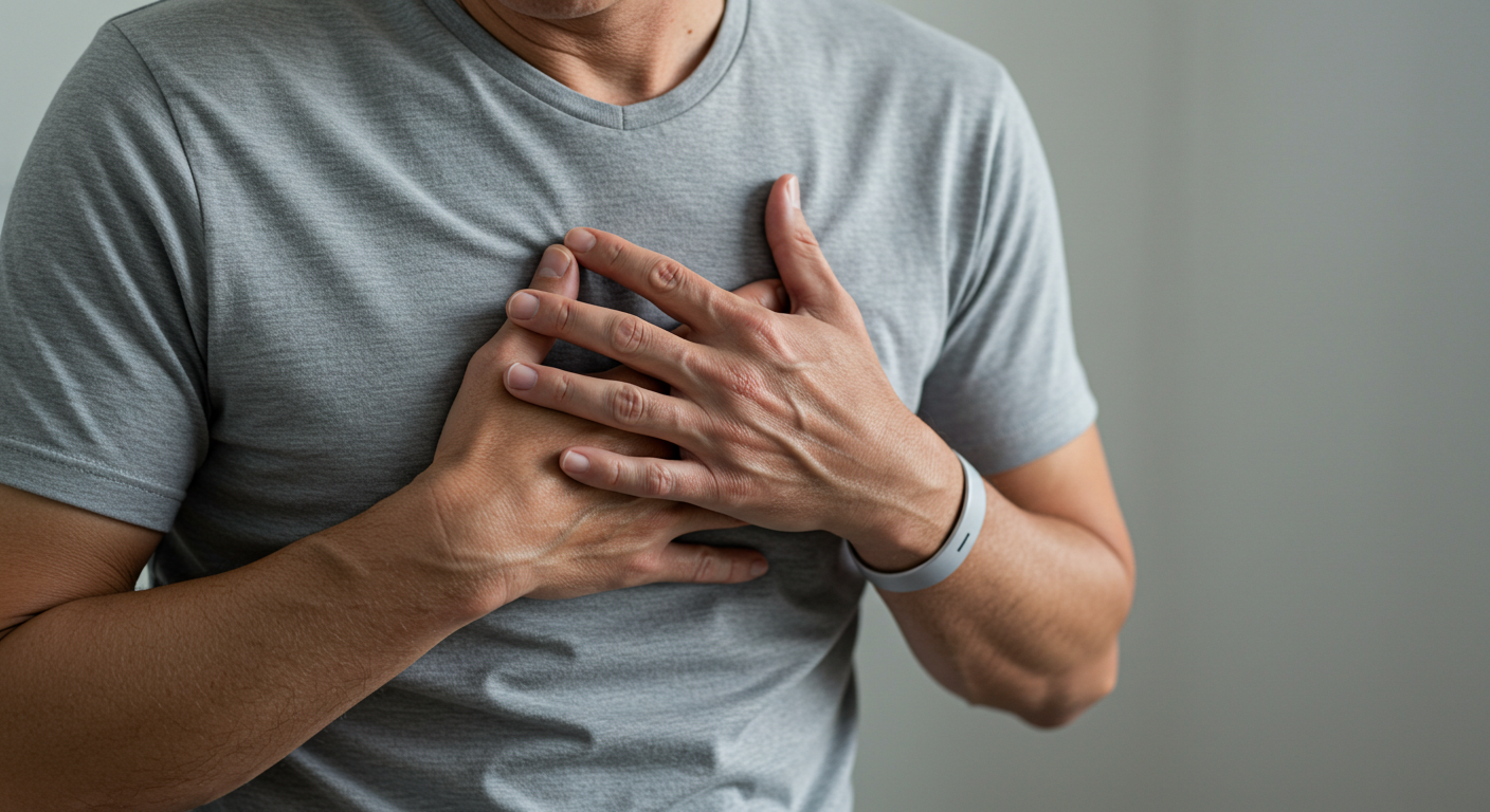 A man in a gray shirt clutches his chest with both hands, showing signs of discomfort or pain, which may indicate Structural Heart Disease.