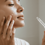 A close-up of a woman applying facial serum with a dropper as part of her skincare routine, highlighting healthy skin in a bright, neutral-toned setting.