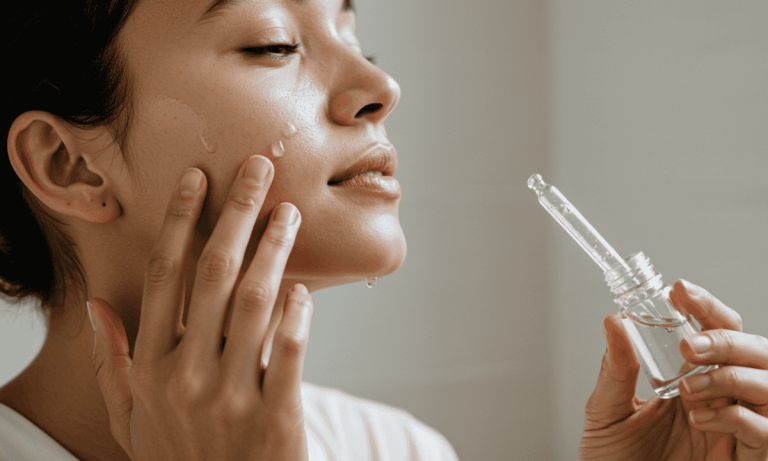 Skincare Routine: 7 Proven Steps for a Flawless Glow 1 A close-up of a woman applying facial serum with a dropper as part of her skincare routine, highlighting healthy skin in a bright, neutral-toned setting.