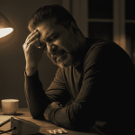 A person sits at a desk in a dimly lit room, holding their head in frustration, surrounded by a laptop, coffee cup, and scattered papers, showing the stress often linked with high blood pressure.