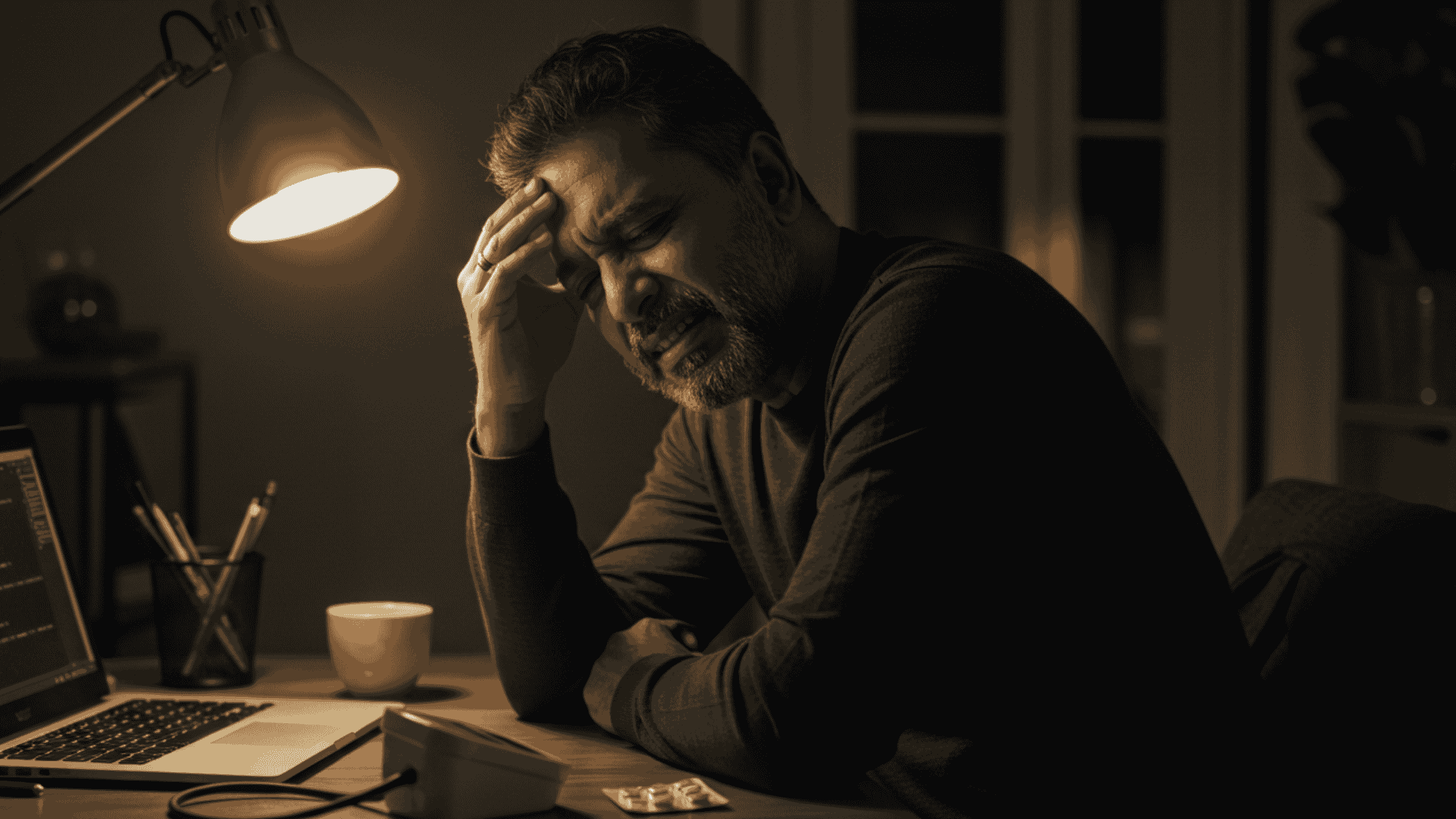 A person sits at a desk in a dimly lit room, holding their head in frustration, surrounded by a laptop, coffee cup, and scattered papers, showing the stress often linked with high blood pressure.